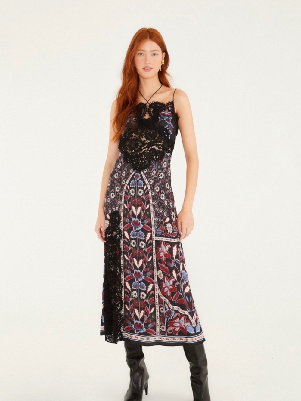 Farm Rio Black Marcelle Lace Slip Midi Dress XS